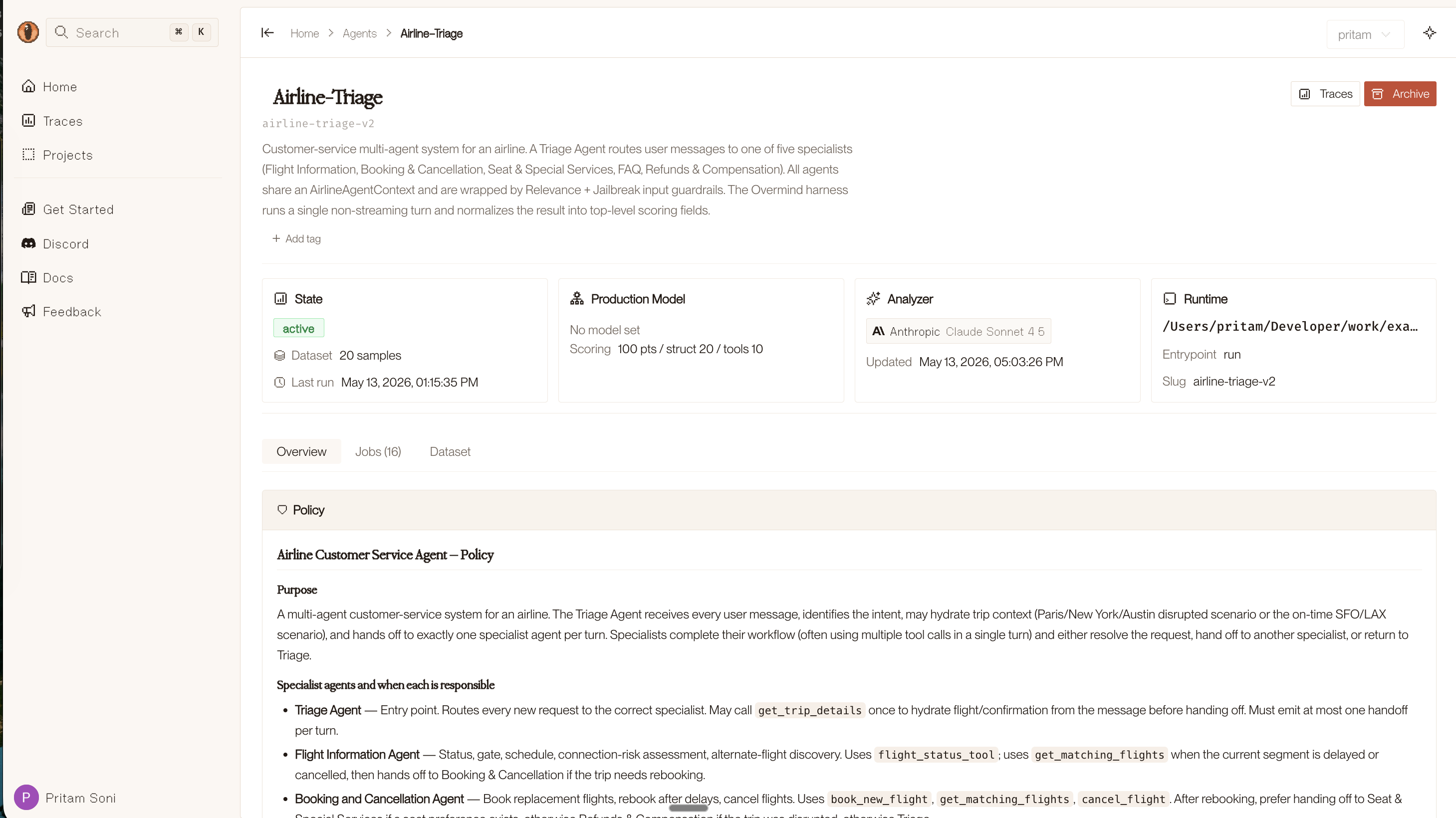 Agent detail page showing the policy document rendered in the console, with purpose, specialist roles, and domain rules