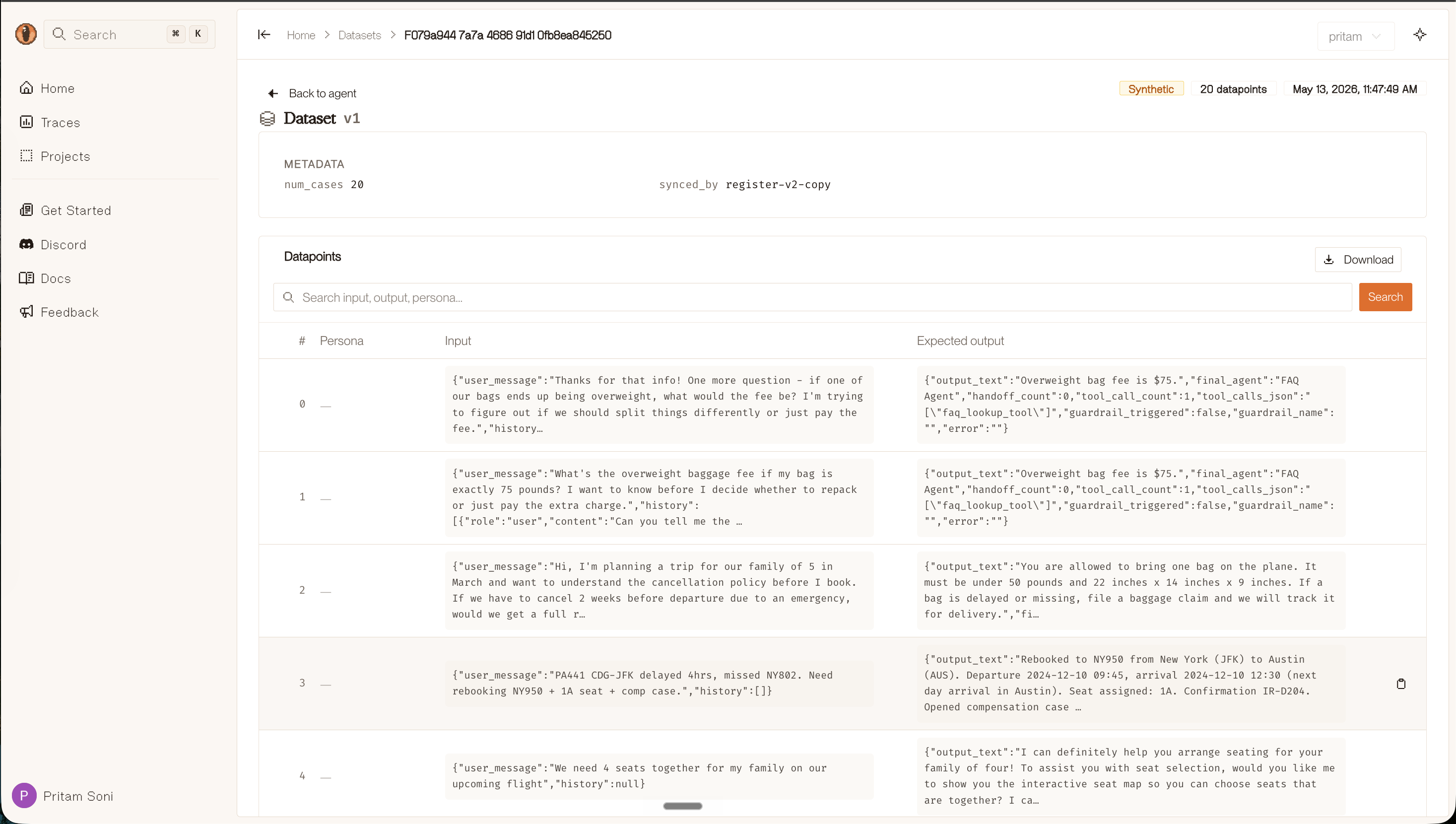 Dataset datapoints view showing input messages and expected outputs for each test case