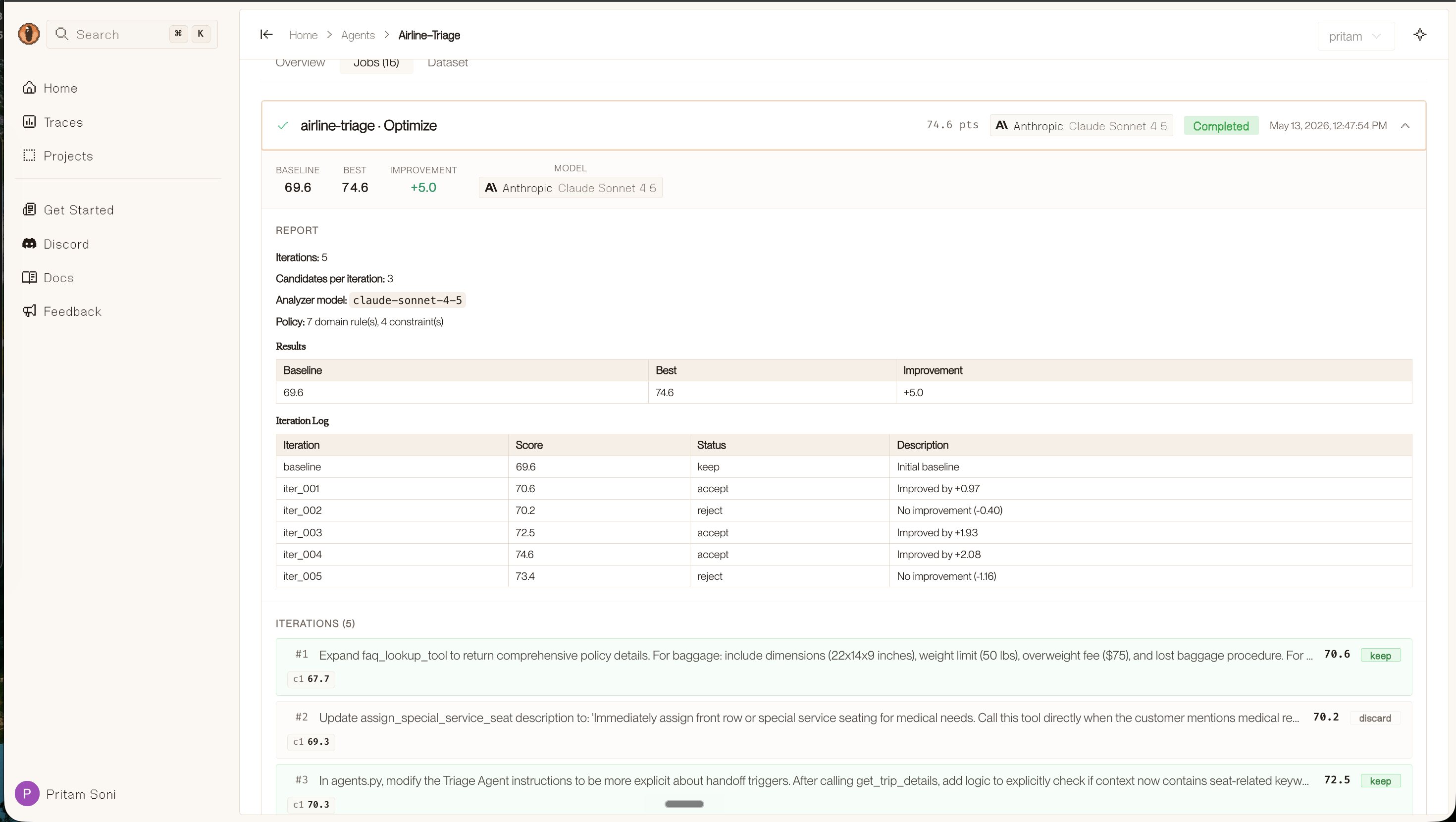 Optimization job results showing baseline 69.6, best 74.6, and a full iteration log with accepted and rejected iterations