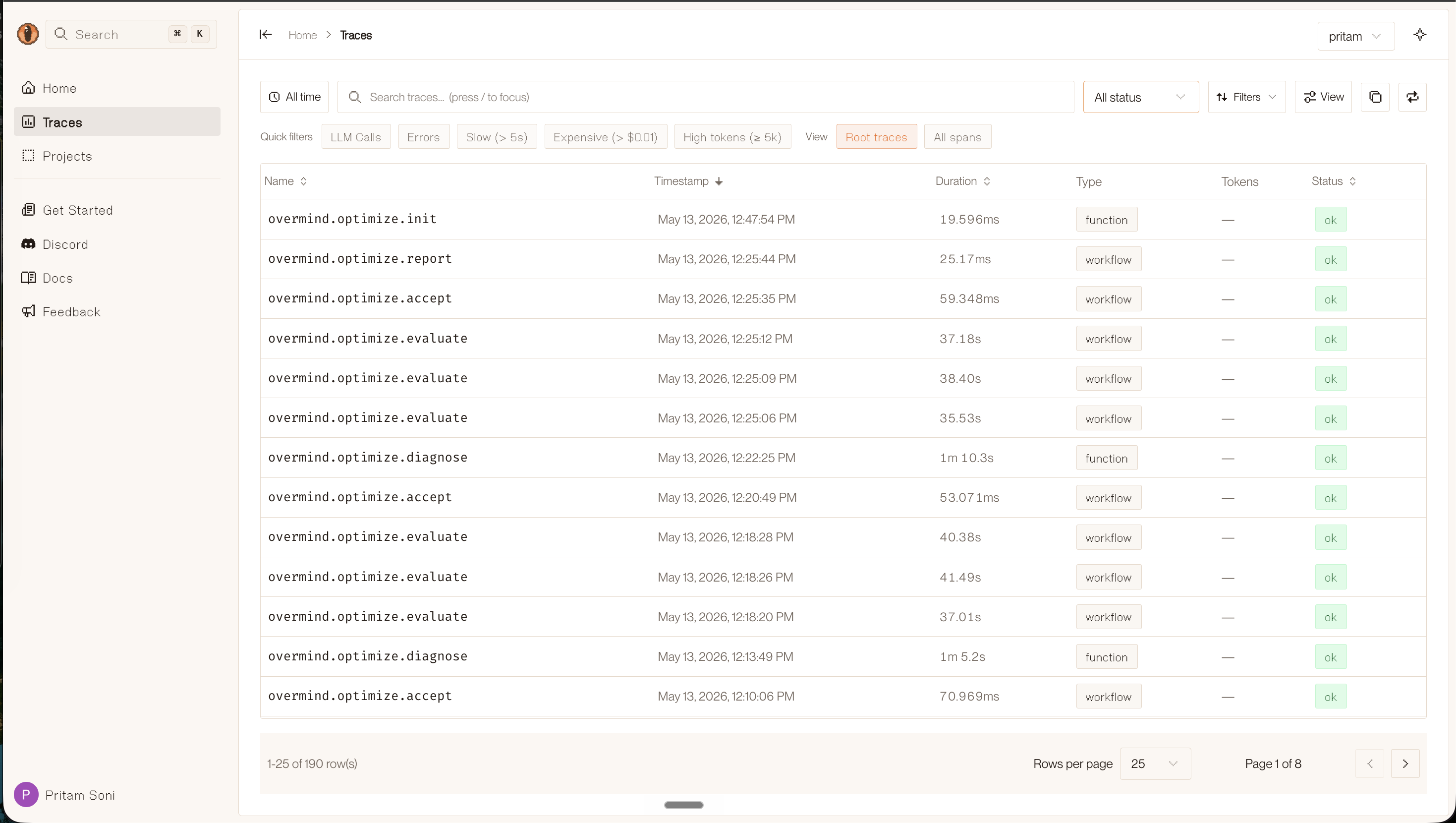 Traces view showing optimization steps including init, diagnose, evaluate, and accept with timing and status